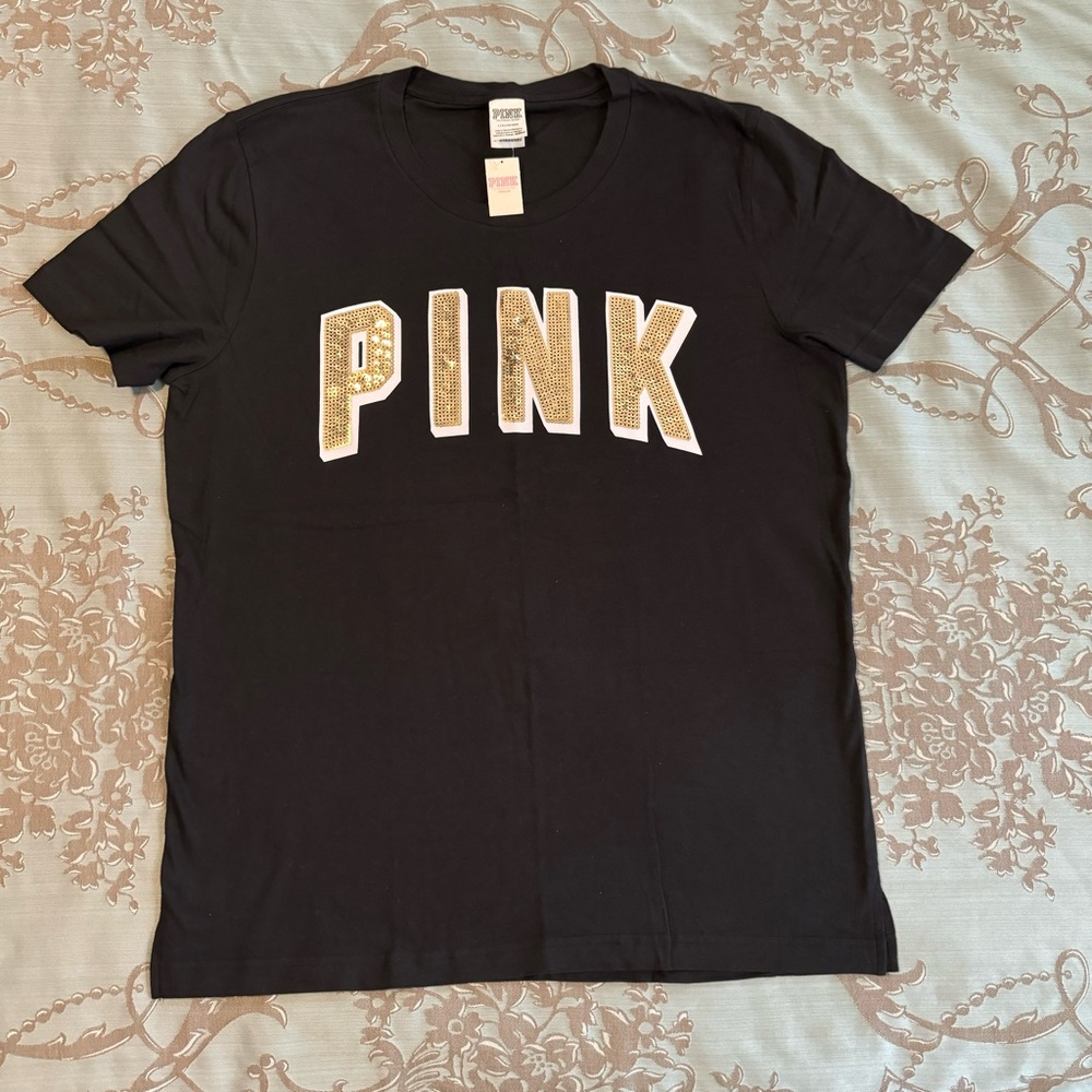 Victoria's Secret PINK Bling Short Sleeve Tee Shirt Black Size Large